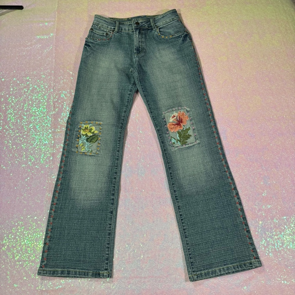 Blue Floral Embroidered Patchwork Bootcut Jeans - image 5